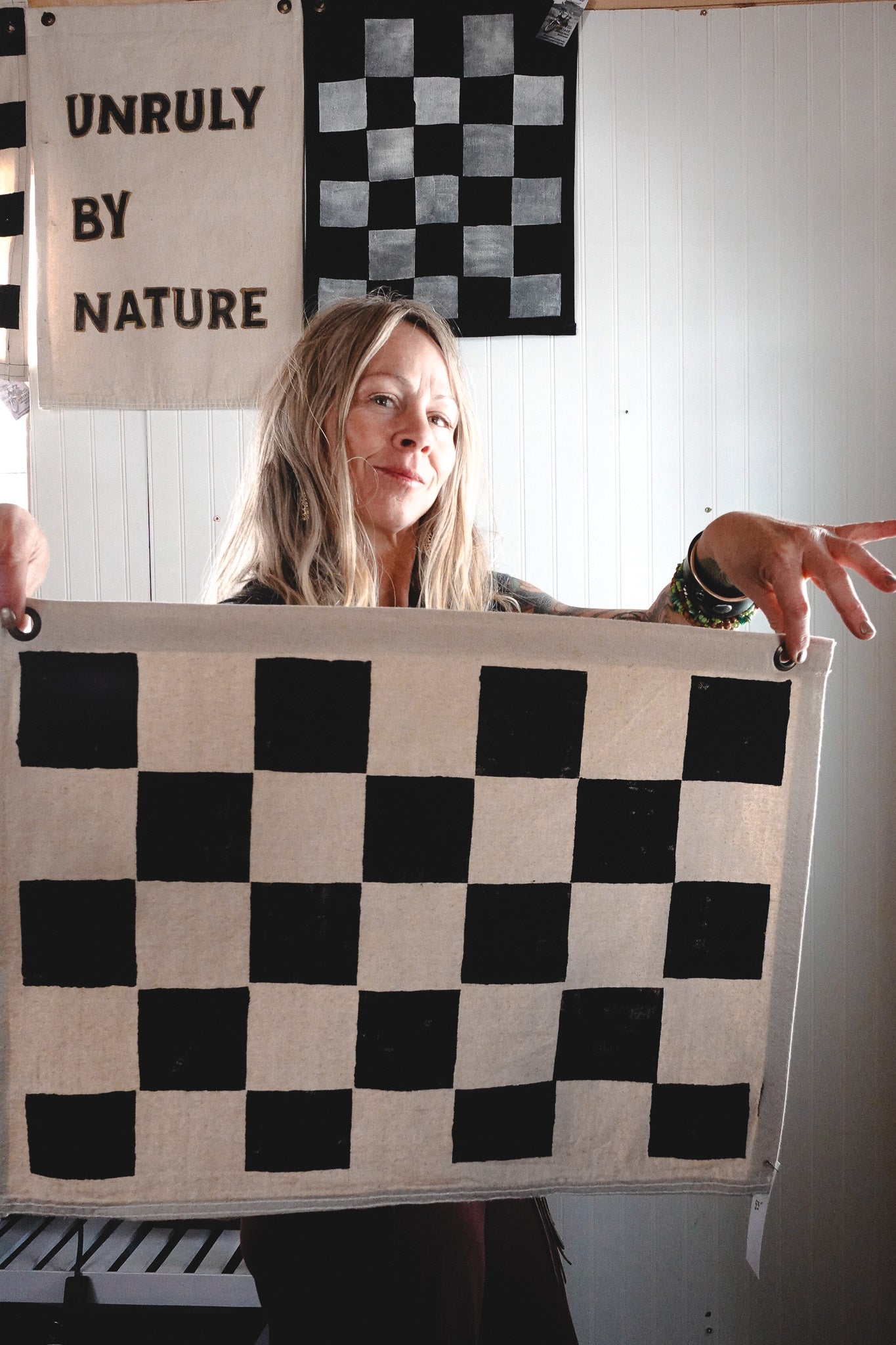 Handmade Checkered Flag in Bone, Horizontal image 2