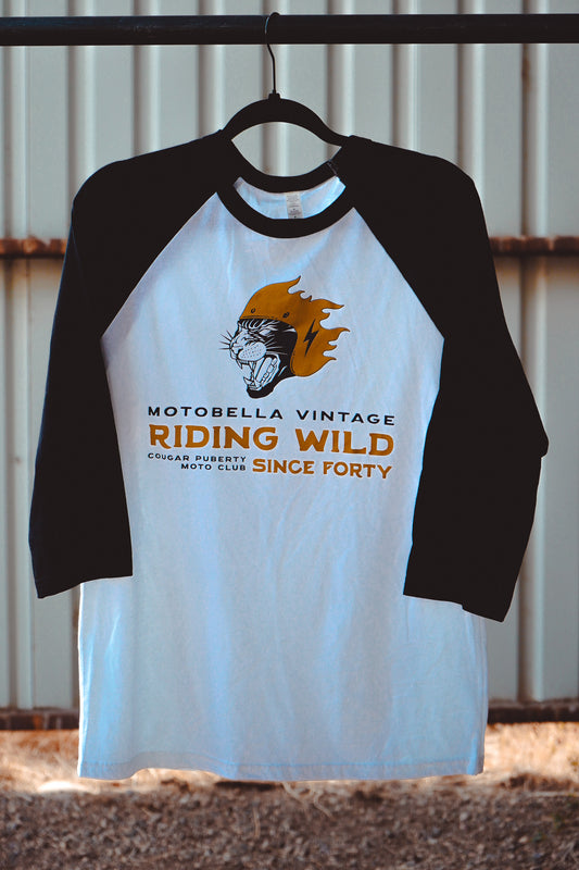 MotoBella Vintage ¾ Sleeve Raglan – Riding Wild Since Forty