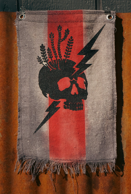 The Signal Flag — Skull & Lightning No. 02 · Black on Red Stripe · 10×14"